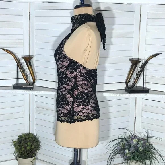 Vintage Y2K Speechless Halter Top High Neck Stretchy Sheer Lace Black Pink Sz S - Picture 6 of 13